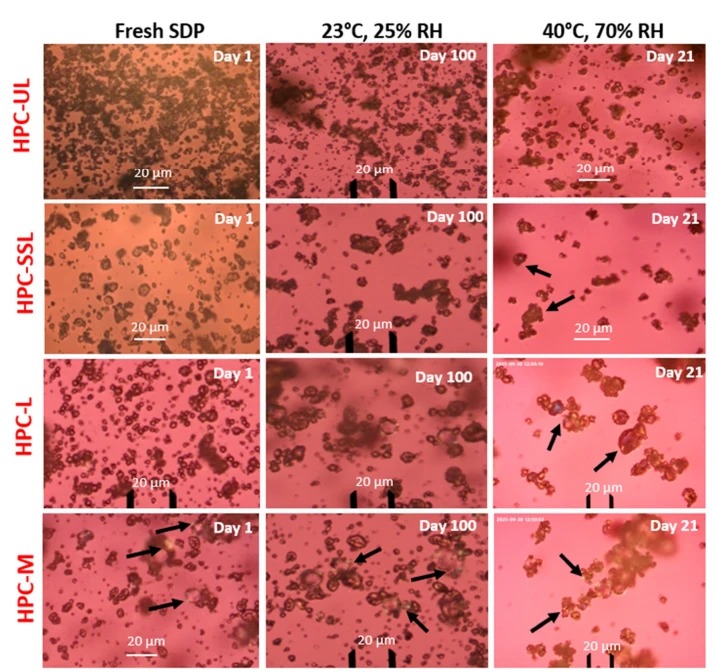 Polarised light microscopy images of glibenclamide spray-dried dispersions with four HPC grades, fresh and after storage